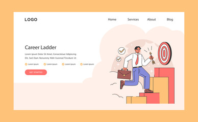 Career ladder web or landing. Ascent to success and goal achievement with ambition and effort. Business man climbing the corporate steps with confidence and aim. Flat vector illustration.