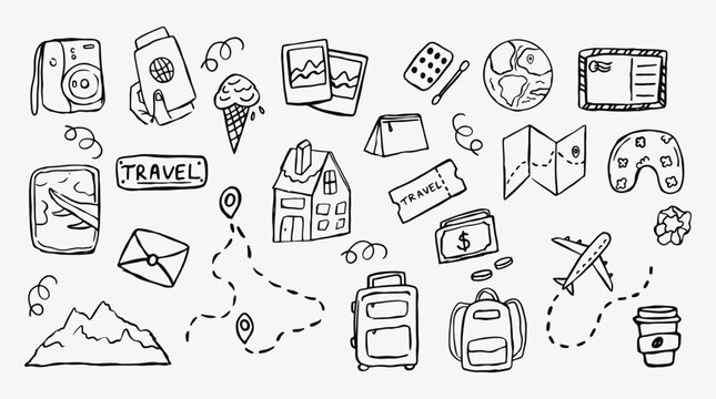 Vacation and adventure doodle set. Hand drawn travel icons set.