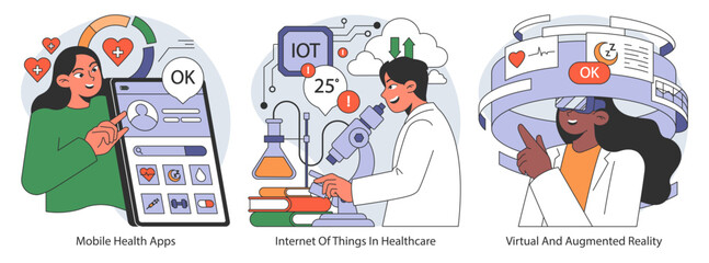 Digital healthcare trio. Navigating wellness with mobile apps, optimizing care through IoT, enhancing treatment via AR. Flat vector illustration.