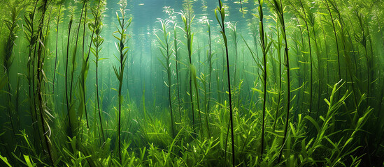 Forest of green algae with tall stems reaching the surface of the water - obrazy, fototapety, plakaty
