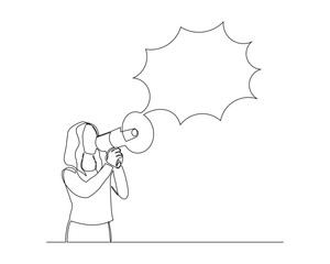 Continuous single line sketch drawing of woman holding megaphone speaker with bubble chat. One line art of sound tool equipment vector illustration