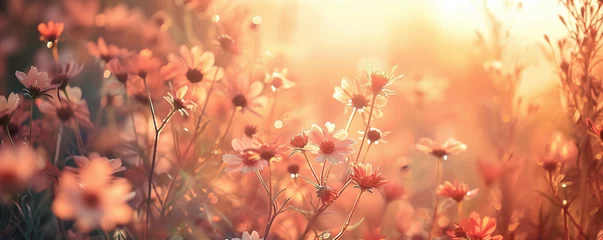 Photo sur Aluminium Corail meadow flowers in the early sunny fresh morning. Vintage autumn landscape background