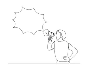 Continuous single line sketch drawing of woman holding megaphone speaker with bubble chat. One line art of sound tool equipment vector illustration