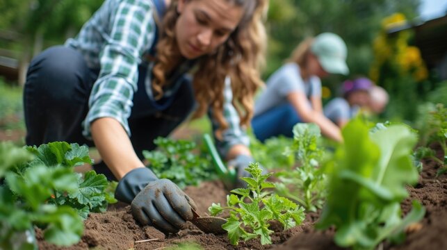 Volunteers work in a community garden, hands and tools in focus, symbolizing teamwork for sustainability amid vibrant nature.