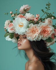 Side view of a woman with eyes closed, adorned with an elegant floral arrangement on her head