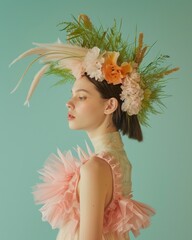Sophisticated woman with a unique feather and floral headpiece, present in a fashionable pose
