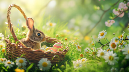 Easter celebration, a fluffy bunny nestled among multicolored eggs with festive patterns.