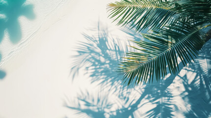 Fototapeta na wymiar Aesthetic aerial view of white sand coast, light blue ocean and shadows from palm leaves. Luxury holidays. Generative AI