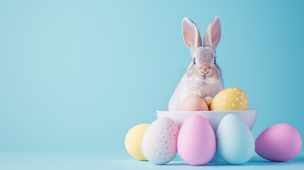 Easter celebration, a fluffy bunny nestled among multicolored eggs with festive patterns.