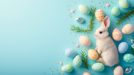 Easter celebration, a fluffy bunny nestled among multicolored eggs with festive patterns.
