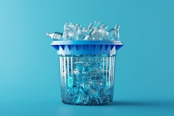Lots of plastic bottles in a bucket on a blue background - obrazy, fototapety, plakaty