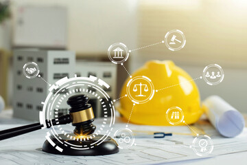 Labor and Construction law concept. judge gavel on building blueprint plans with a yellow safety helmet and building model with law icons. Quality assurance, Guarantee, Standards, ISO certification. - obrazy, fototapety, plakaty