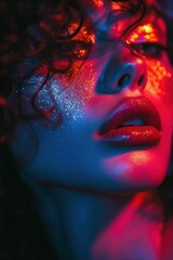 Close-up of a woman's face bathed in dramatic red and blue light, highlighting her glitter-covered features