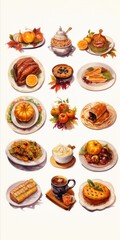 Digital miniatures capturing various Thanksgiving dishes in detailed watercolor textures, showcased in a feminine sticker art format with white and bronze accents. Generative AI