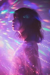 Artistic portrait of a young woman enveloped in a dreamlike play of multicolored light reflections
