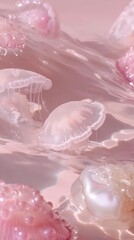 A serene depiction of multiple jellyfish gliding through a pink-hued aquatic scene