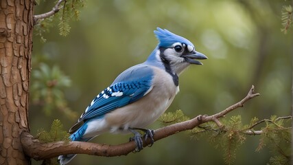 Curious blue jay examining it's surrounding from a treetop, blue jay on a branch 