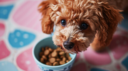 Little cute dog maltipoo feeds from a bowl. Direct look of the dog. Light blue and pink color palette. Generative AI