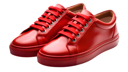 Pair of  red leather shoes, red sneakers isolated, transparent PNG background