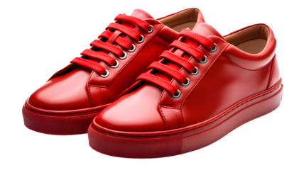 Pair of  red leather shoes, red sneakers isolated, transparent PNG background
