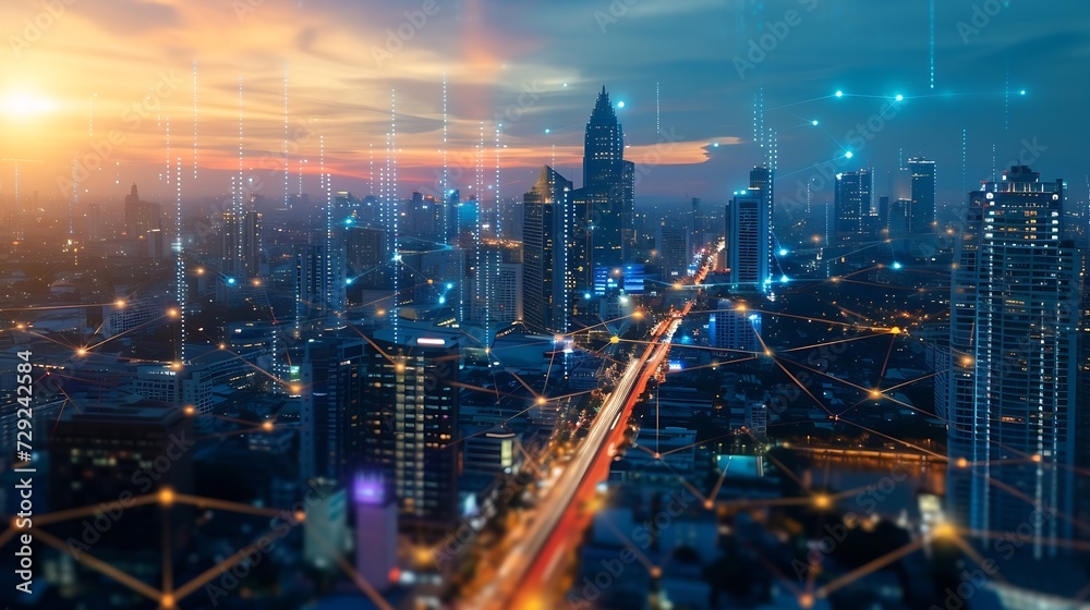 Aufkleber Energy Digitalization Smart city with Wireless network and Connection technology concept with Abstract Bangkok city background : Generative AI
