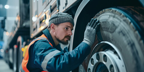 Auto mechanic checking truck wheels, tires