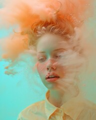 This artistic portrait features a female subject with smoke-like textures around her