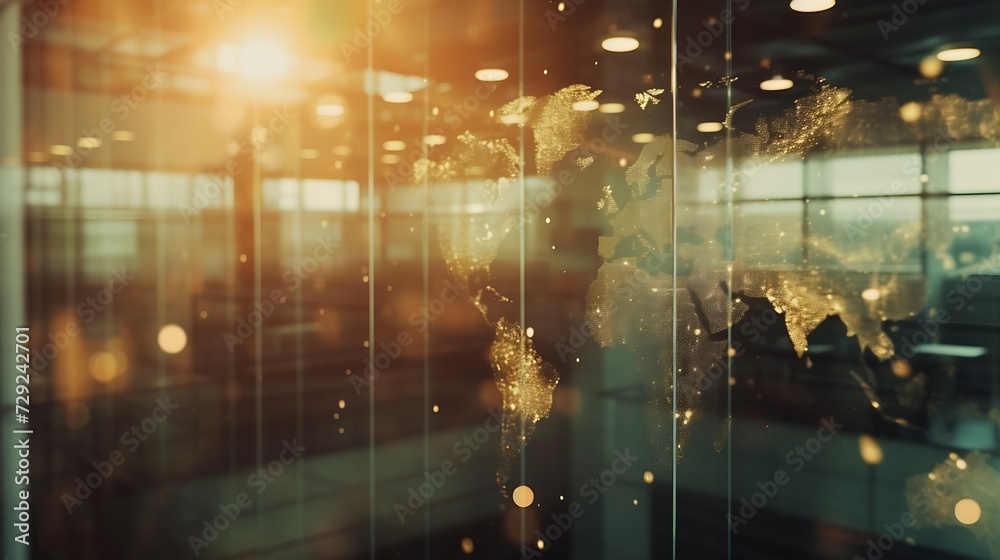 Poster multi exposure of abstract creative digital world map hologram on blurry modern office building back