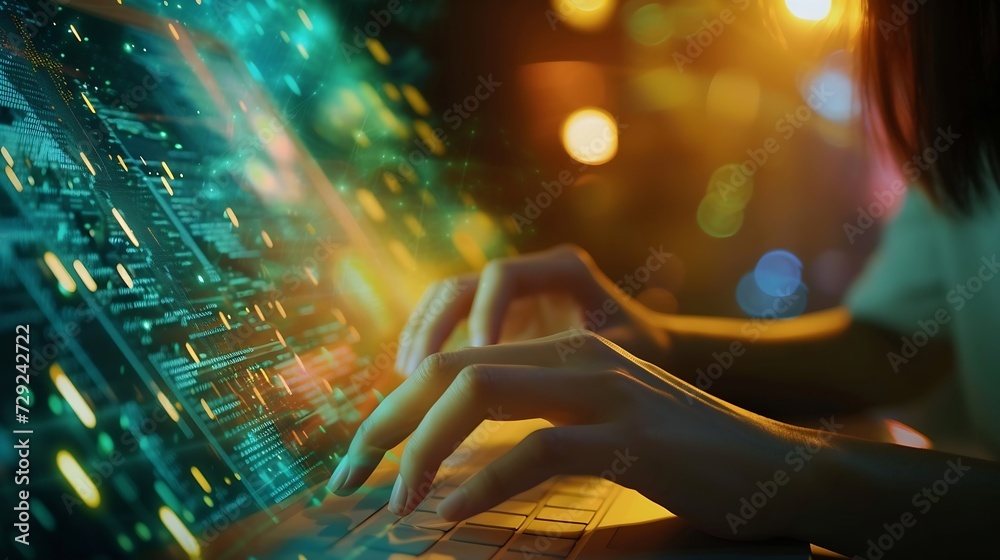 Poster Digital technology, internet network connection, big data, digital marketing IoT internet of things. Woman using modern computer surfing internet futuristic metaverse, innovative techn : Generative AI