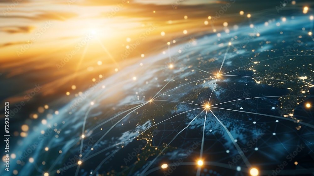 Poster global world telecommunication network connected around planet earth, concept about internet and wor
