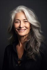 Fototapeta premium A beautiful aging mature woman with long gray hair and happy smiling touch face.