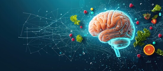 Brain nutrition with healthy food in futuristic style on blue. AI generated image