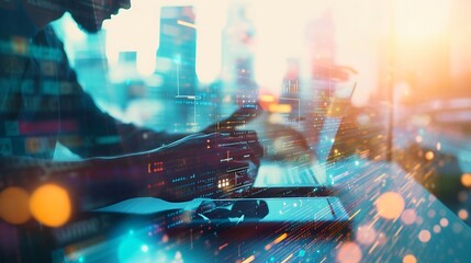 Business and technology, software development, IoT concept. Double exposure, man programmer, software developer working on digital tablet and smart city with binary, html computer code : Generative AI