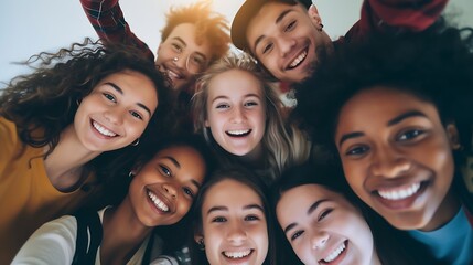Diverse group of happy young best friends having fun taking selfie photo together - International youth community people concept with multiethnic teenage people smiling at camera on se : Generative AI - obrazy, fototapety, plakaty