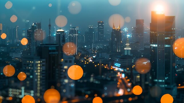 Smart city dot point connect with gradient line, connection technology metaverse concept. Bangkok, Thailand night city banner with big data. : Generative AI