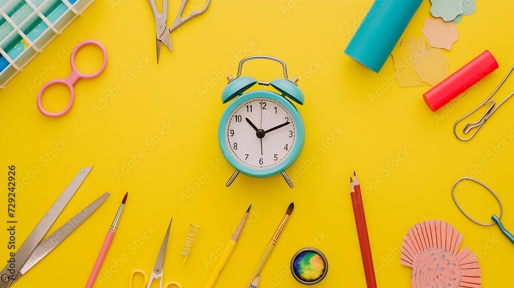 Poster alarm clock, paint, pencils and scissors. school accessories on a yellow background. view from above
