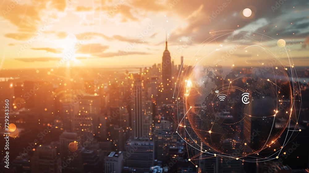Aufkleber earth globe with digital connection hologram, new york skyline on background. metaverse and social m