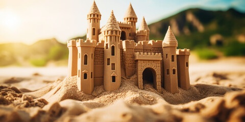 Grand intricate sandcastle on the beach during a summer day. Generative AI