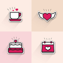 Happy Valentine's Day Cute Icon Set. Heart, Gift, Cup, Cake Icons. Vector Illustration.