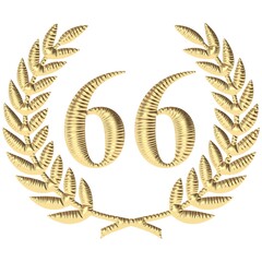 Zahl Sechs­und­sechzig mit Lorbeerkranz aufgeblasen und goldfarben