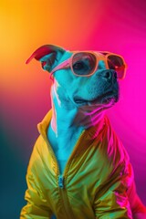 Trendy dog in a yellow zip-up jacket with vibrant pink and blue neon lights