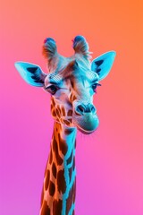 Portrait saturated in neon hues captivating the giraffe's face with a surreal touch