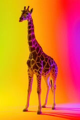 Graceful giraffe standing tall bathed in a gradient of neon lighting for a surreal effect