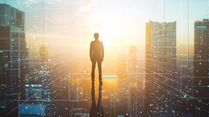 Businessman standing at office with abstract line and dot connect with gradient line design panoramic city view. Business success with smart big data technology concept : Generative AI