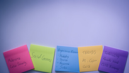 Paper notes, stickers, sticky sheets memo messages business plans and trends wrote on paper post it sticky note