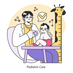 Pediatric Care concept. Ensuring child health development and milestones. Focus on early life medical attention. Flat vector illustration.