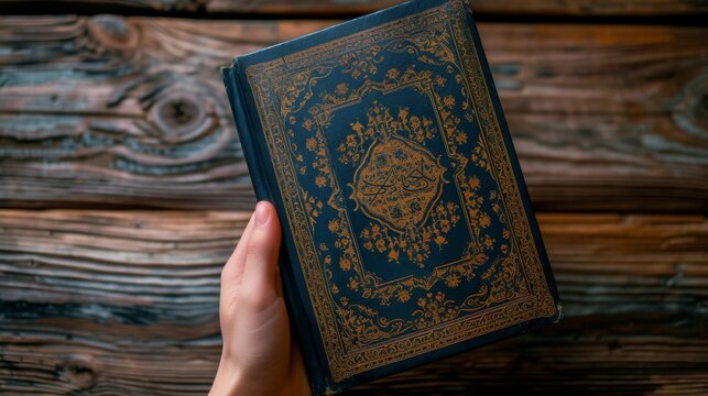 showcases a hand holding a quran with an intricate design on its cover