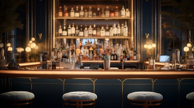 Elegant bar area featuring a variety of premium drinks and cocktails. Generative AI