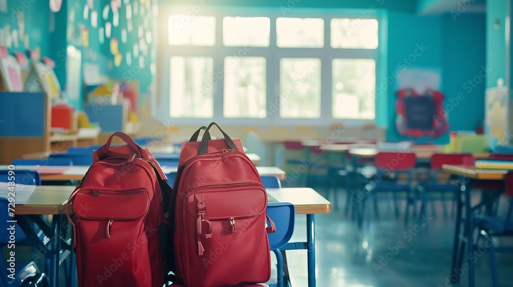 Poster interior of stylish empty classroom with backpacks and stationery : generative ai