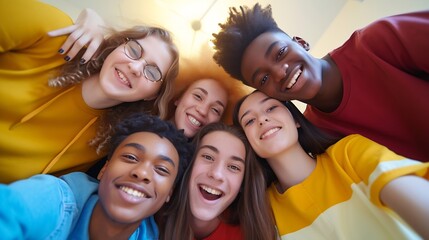 Diverse group of happy young best friends having fun taking selfie photo together - International youth community people concept with multiethnic teenage people smiling at camera on se : Generative AI